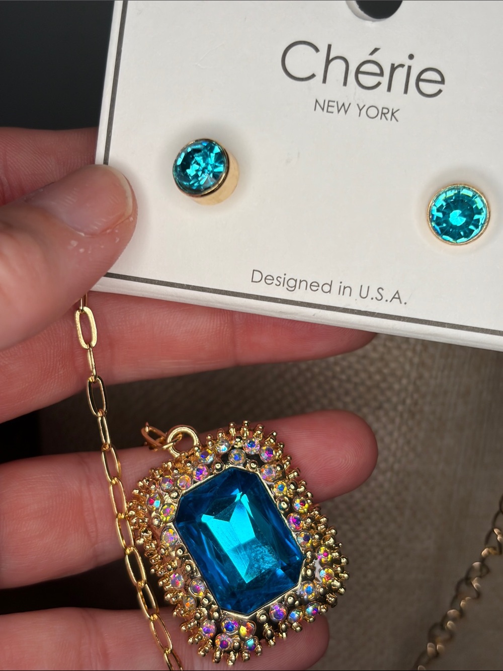 Gold Tone Necklace and Stud Earring Set with Blue Gemstones